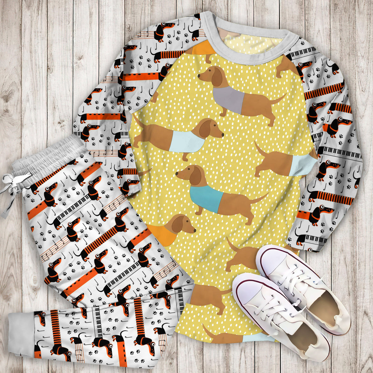 Multi Dolly Dachshund Sausage Dog Pajama Set | Pajamas | Cotton Sleepwear Sets | Soft Long Sleeve Pjs | Raglan Shirt and Pants Set