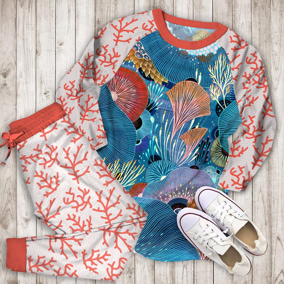 Coral Pajama Set |Sleepwear Pjs Sets | Raglan Shirt Pants Set