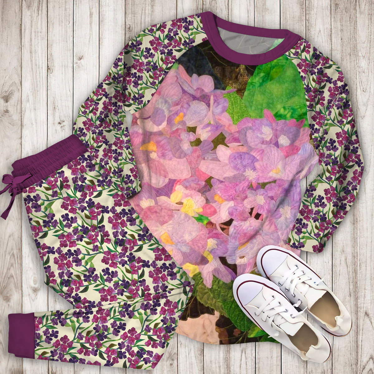 Hydrangea Pajama Set | Pajamas | Cotton Sleepwear Sets | Soft Long Sleeve Pjs | Raglan Shirt and Pants Set