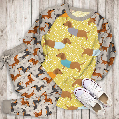 Multi Dolly Dachshund Sausage Dog Pajama Set | Pajamas | Cotton Sleepwear Sets | Soft Long Sleeve Pjs | Raglan Shirt and Pants Set