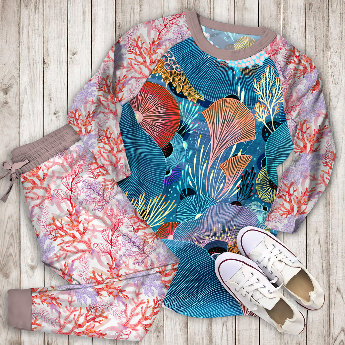Coral Pajama Set |Sleepwear Pjs Sets | Raglan Shirt Pants Set