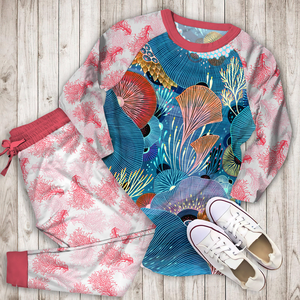 Coral Pajama Set |Sleepwear Pjs Sets | Raglan Shirt Pants Set