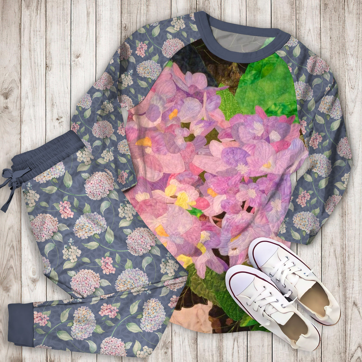 Hydrangea Pajama Set | Pajamas | Cotton Sleepwear Sets | Soft Long Sleeve Pjs | Raglan Shirt and Pants Set