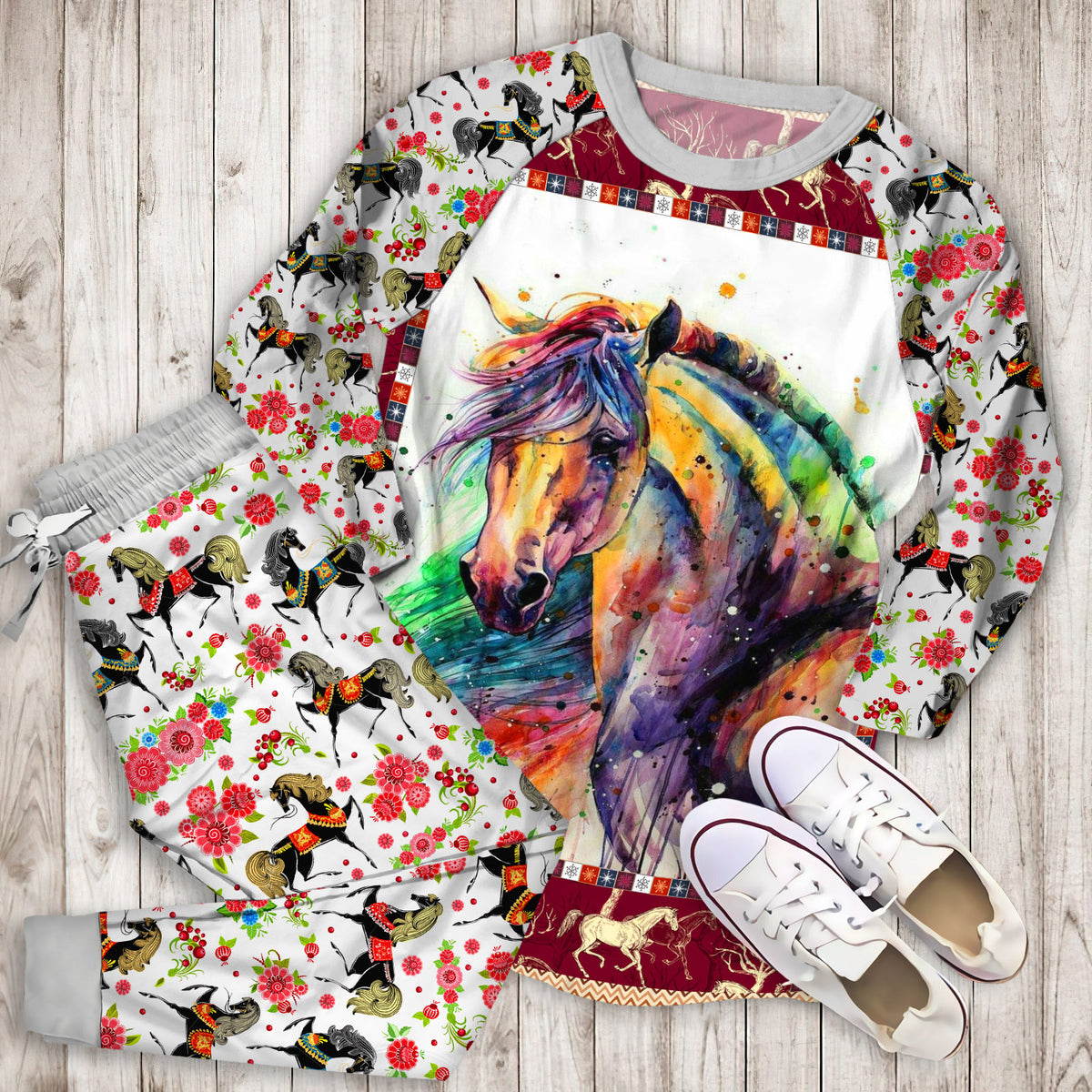 Horse Horse Pajama Set | Pajamas | Cotton Sleepwear Sets | Soft Long Sleeve Pjs | Raglan Shirt and Pants Set