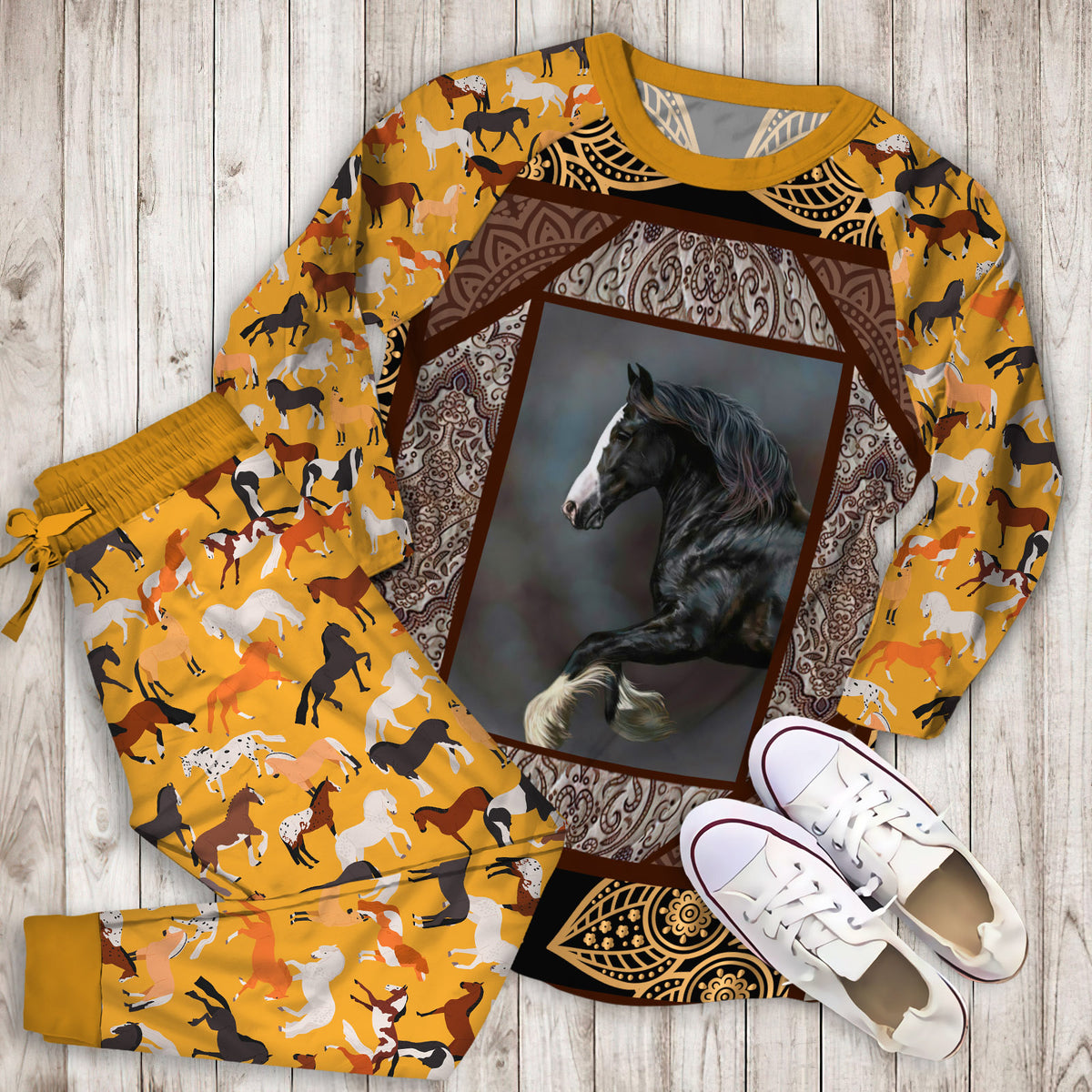 Horse Horse Pajama Set | Pajamas | Cotton Sleepwear Sets | Soft Long Sleeve Pjs | Raglan Shirt and Pants Set