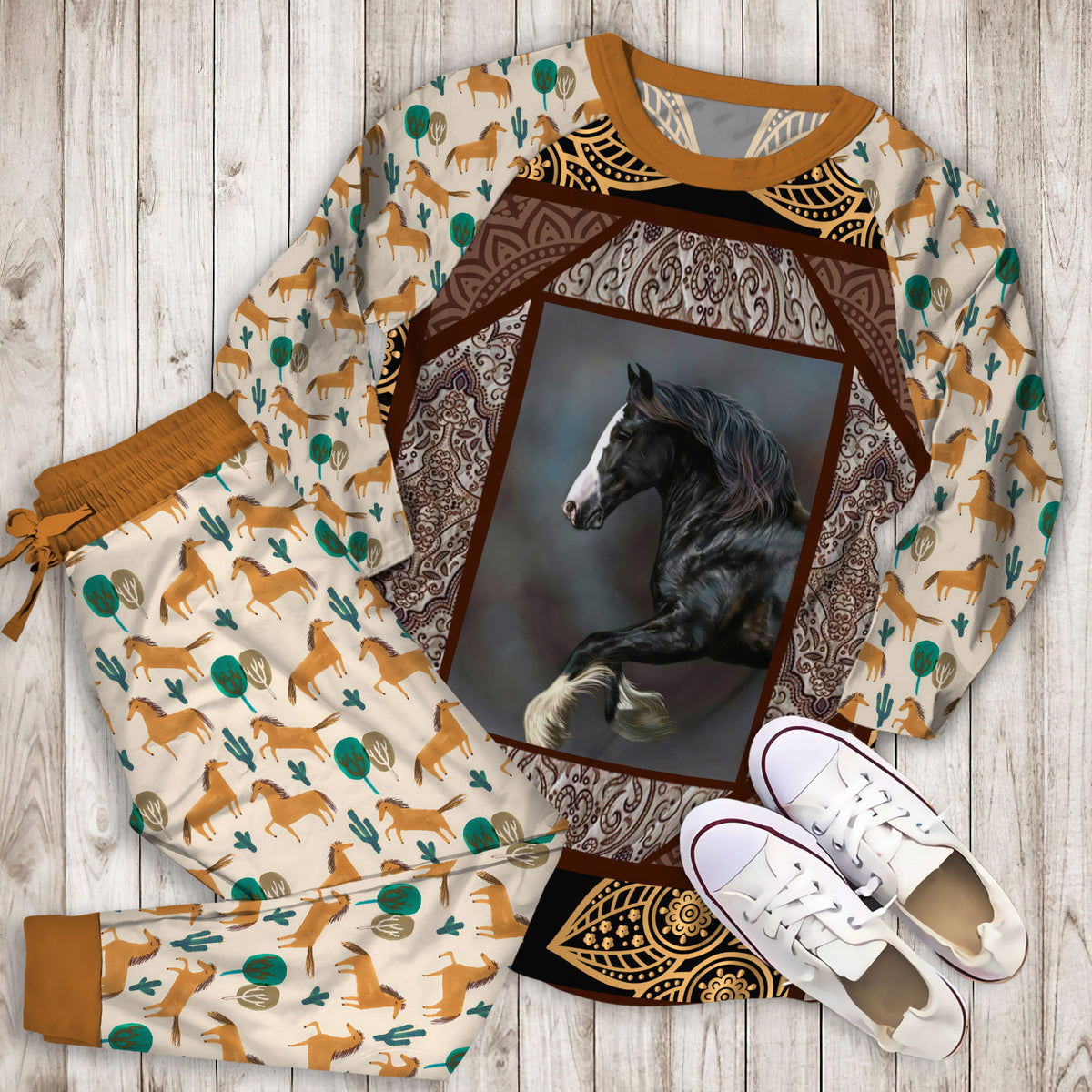 Horse Horse Pajama Set | Pajamas | Cotton Sleepwear Sets | Soft Long Sleeve Pjs | Raglan Shirt and Pants Set