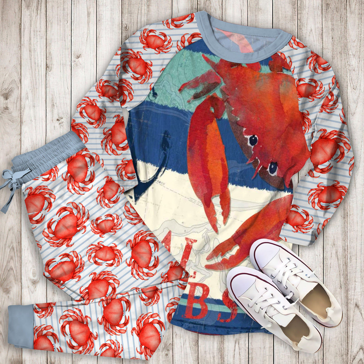 Crab Pajama Set | Pajamas | Cotton Sleepwear Sets | Soft Long Sleeve Pjs | Raglan Shirt and Pants Set