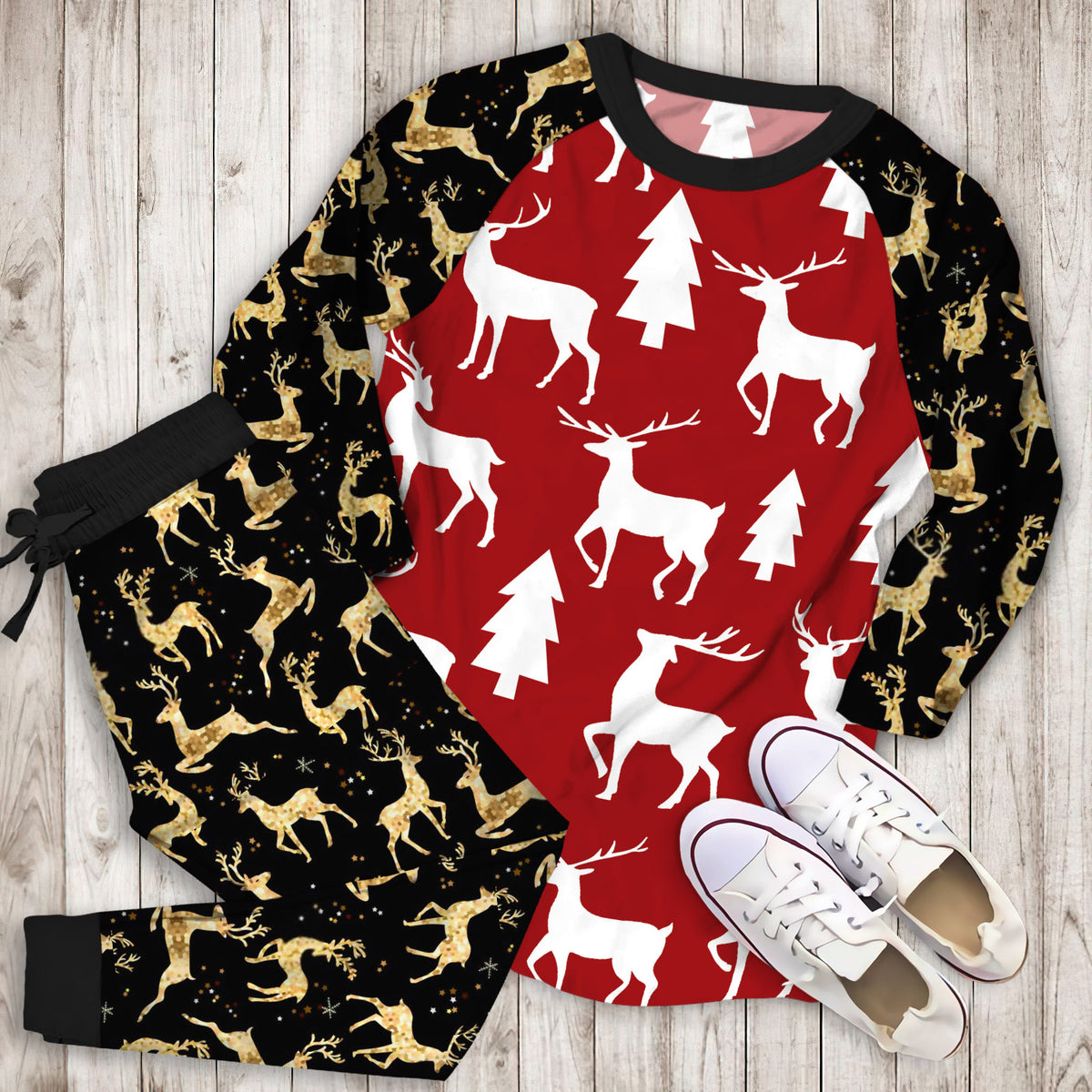 Deer Jacquard Pajama Set | Pajamas | Cotton Sleepwear Sets | Soft Long Sleeve Pjs | Raglan Shirt and Pants Set