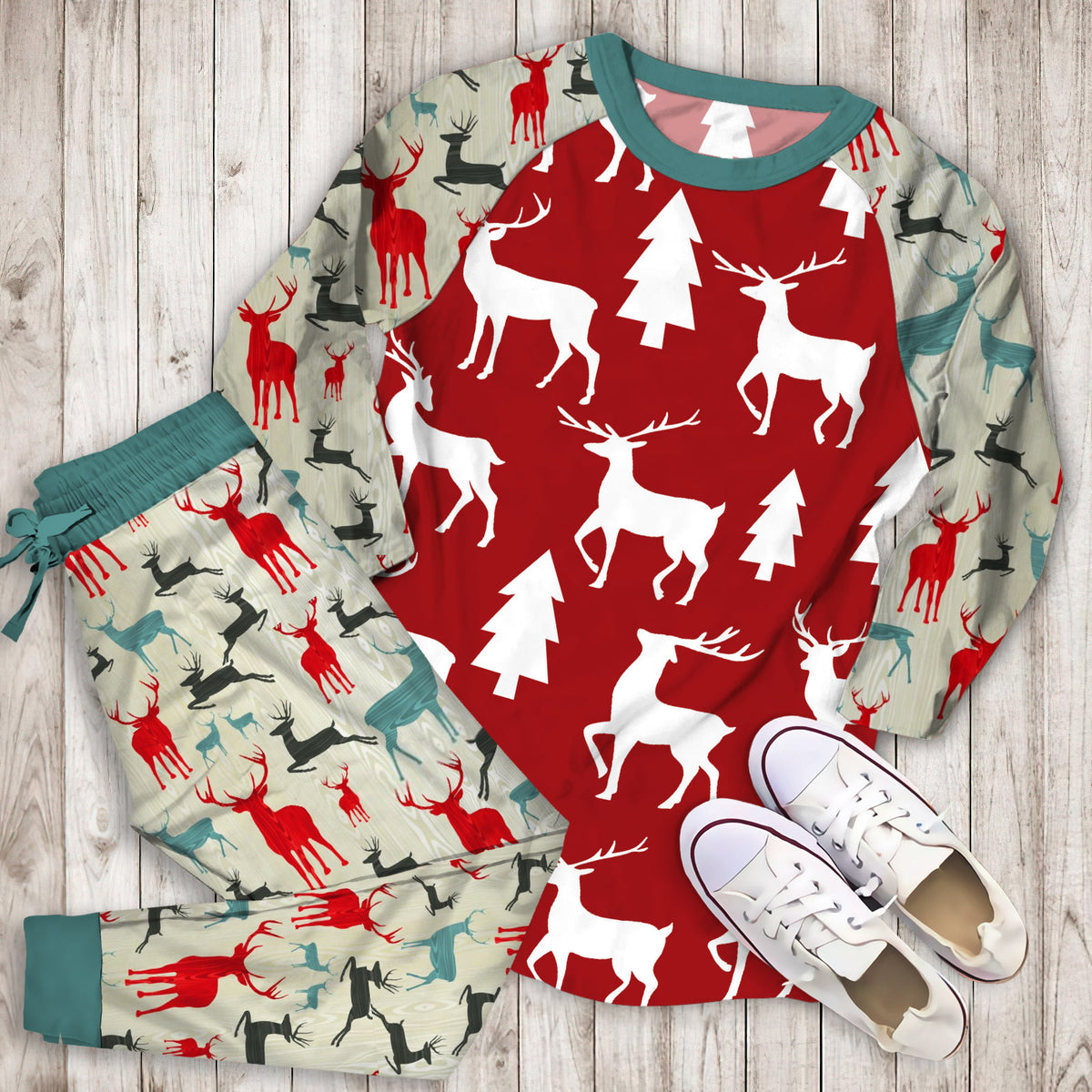 Deer Jacquard Pajama Set | Pajamas | Cotton Sleepwear Sets | Soft Long Sleeve Pjs | Raglan Shirt and Pants Set