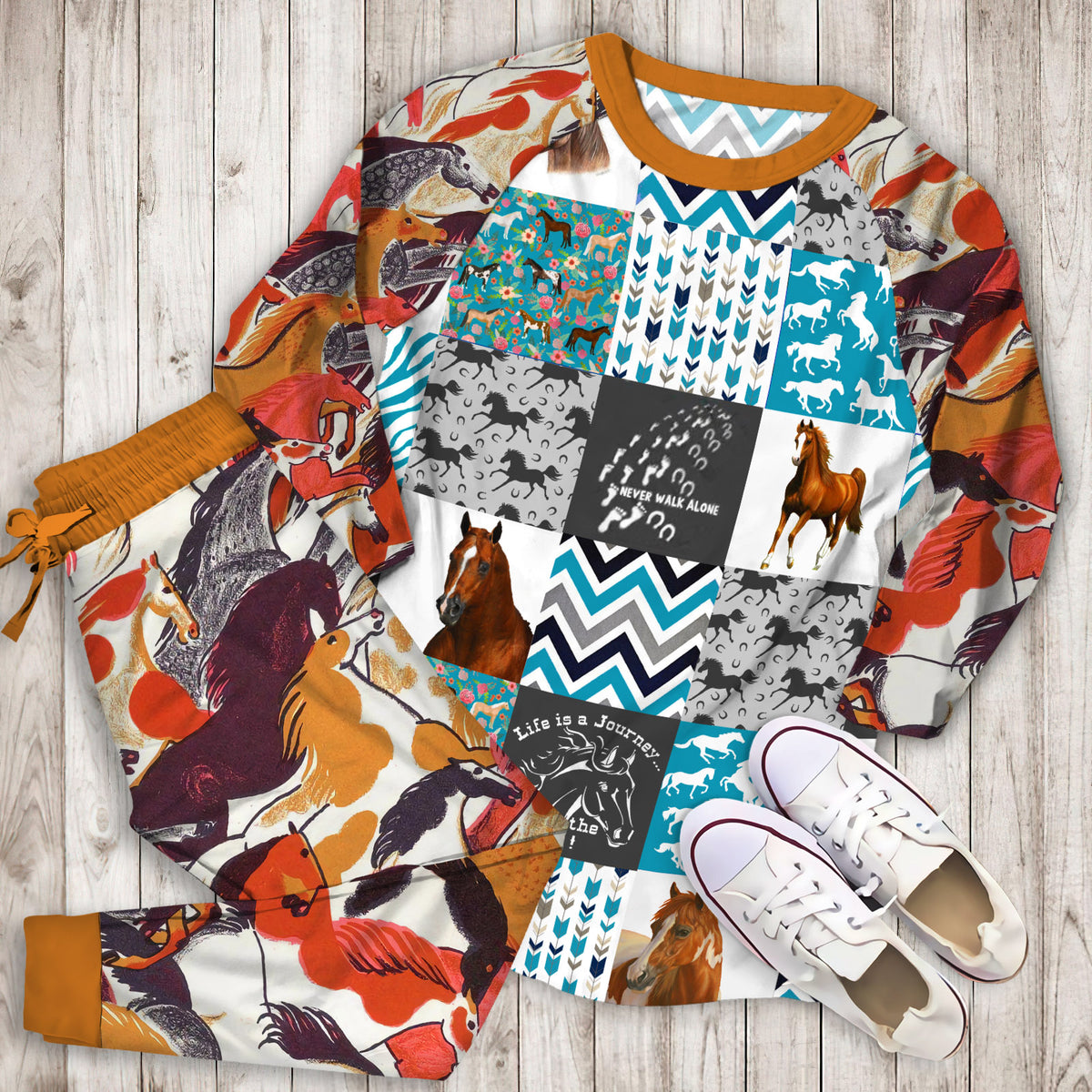 Enjoy The Ride Horse Pajama Set | Pajamas | Cotton Sleepwear Sets | Soft Long Sleeve Pjs | Raglan Shirt and Pants Set