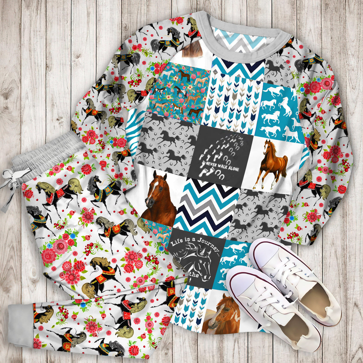 Enjoy The Ride Horse Pajama Set | Pajamas | Cotton Sleepwear Sets | Soft Long Sleeve Pjs | Raglan Shirt and Pants Set