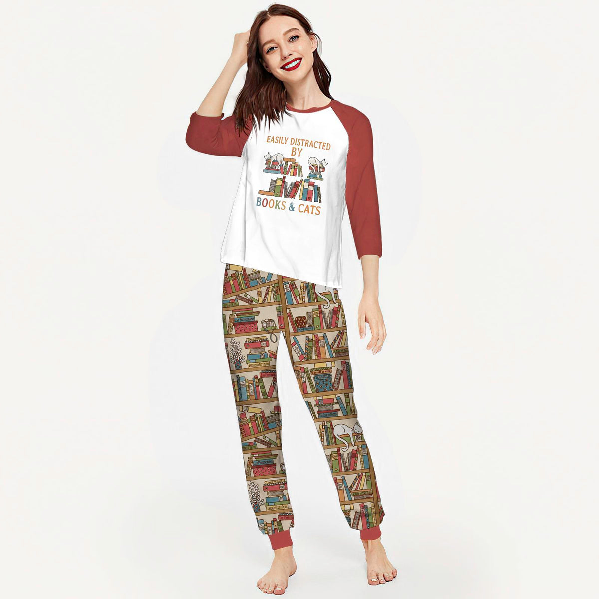 Reading Easily Distracted By Books And Cats Abq Pajama Set |Sleepwear Pjs Sets | Raglan Shirt Pants Set
