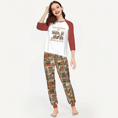 Reading Easily Distracted By Books And Cats Abq Pajama Set |Sleepwear Pjs Sets | Raglan Shirt Pants Set