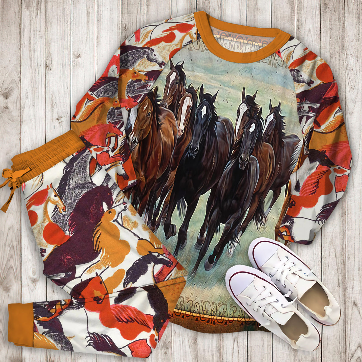 Horse Pajama Set | Pajamas | Cotton Sleepwear Sets | Soft Long Sleeve Pjs | Raglan Shirt and Pants Set