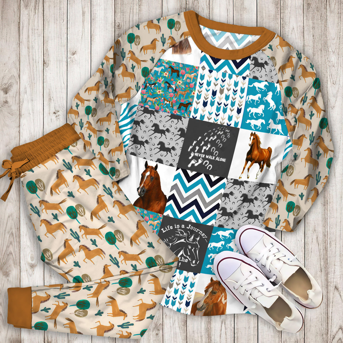Enjoy The Ride Horse Pajama Set | Pajamas | Cotton Sleepwear Sets | Soft Long Sleeve Pjs | Raglan Shirt and Pants Set