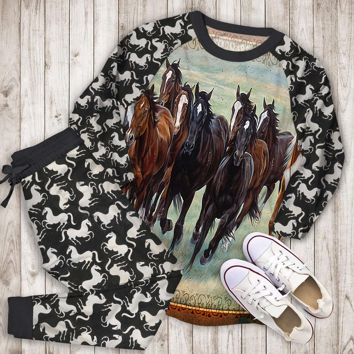 Horse Pajama Set | Pajamas | Cotton Sleepwear Sets | Soft Long Sleeve Pjs | Raglan Shirt and Pants Set
