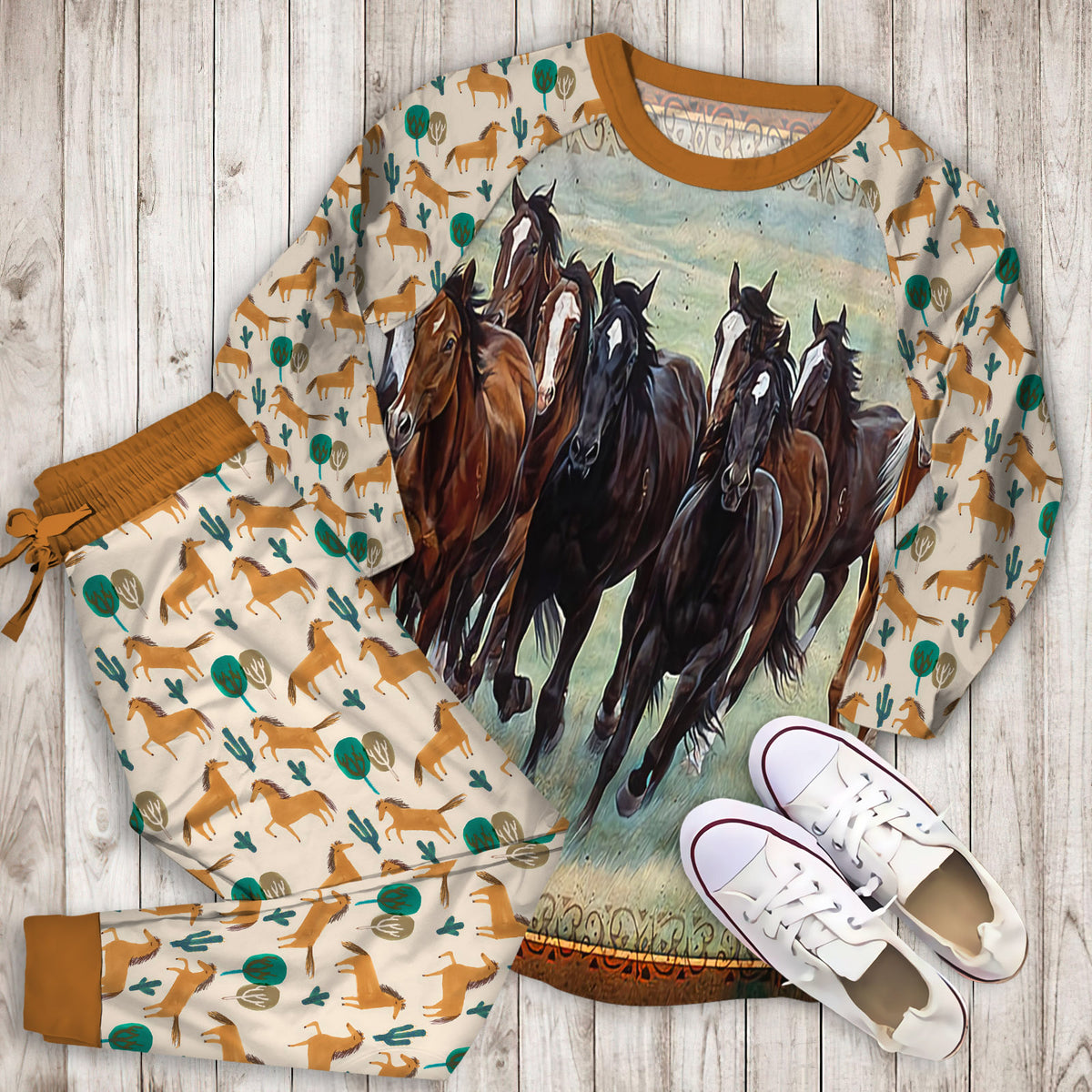 Horse Pajama Set | Pajamas | Cotton Sleepwear Sets | Soft Long Sleeve Pjs | Raglan Shirt and Pants Set