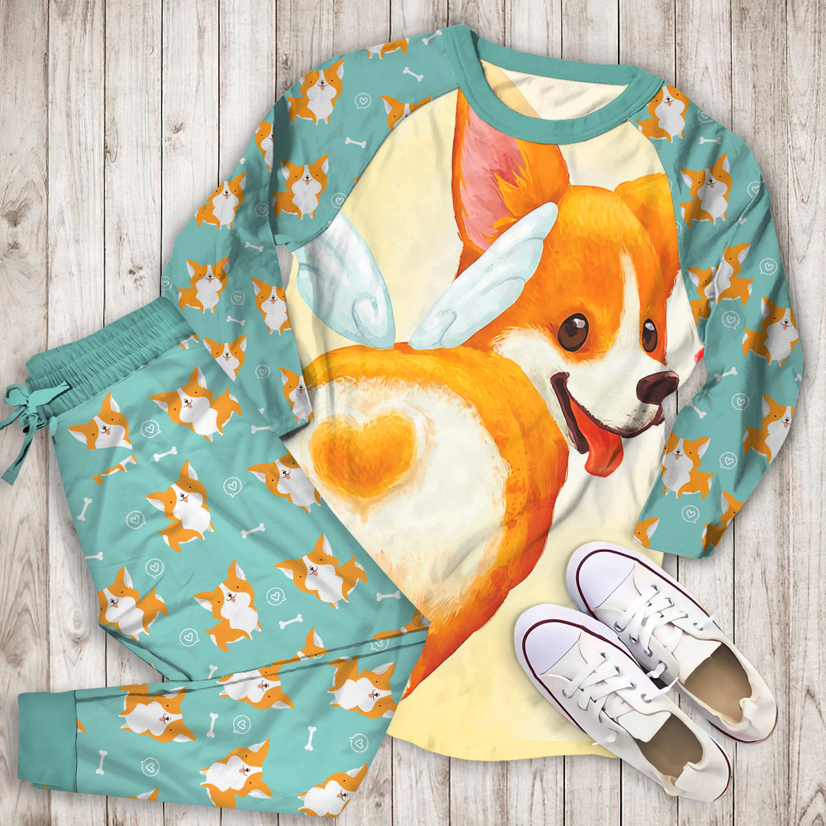 Corgi Butt Pajama Set |Sleepwear Pjs Sets | Raglan Shirt Pants Set