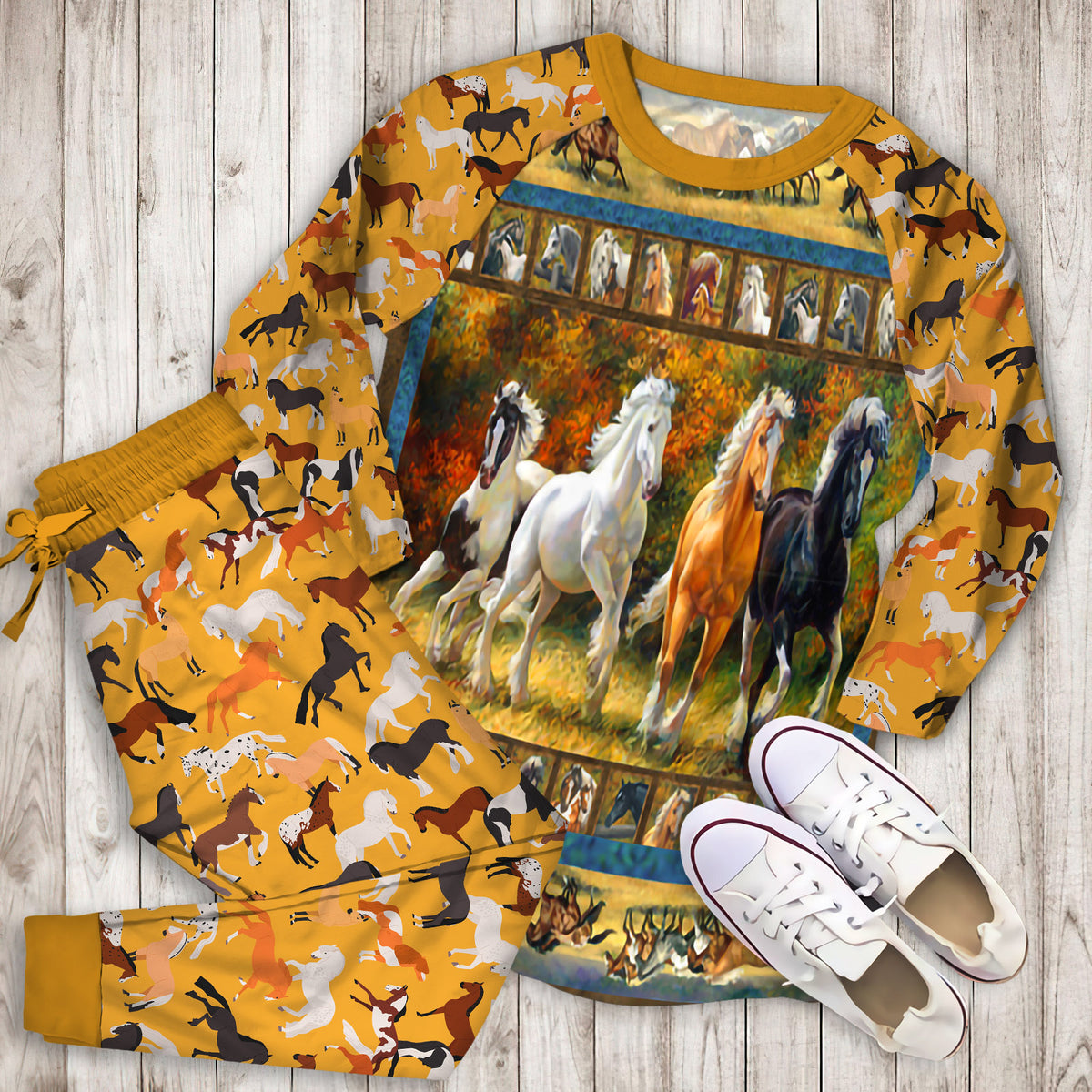 Beautiful Horse Rectangle Pajama Set | Pajamas | Cotton Sleepwear Sets | Soft Long Sleeve Pjs | Raglan Shirt and Pants Set
