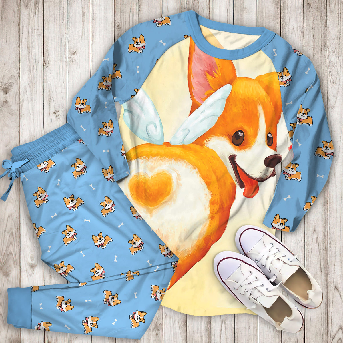 Corgi Butt Pajama Set |Sleepwear Pjs Sets | Raglan Shirt Pants Set