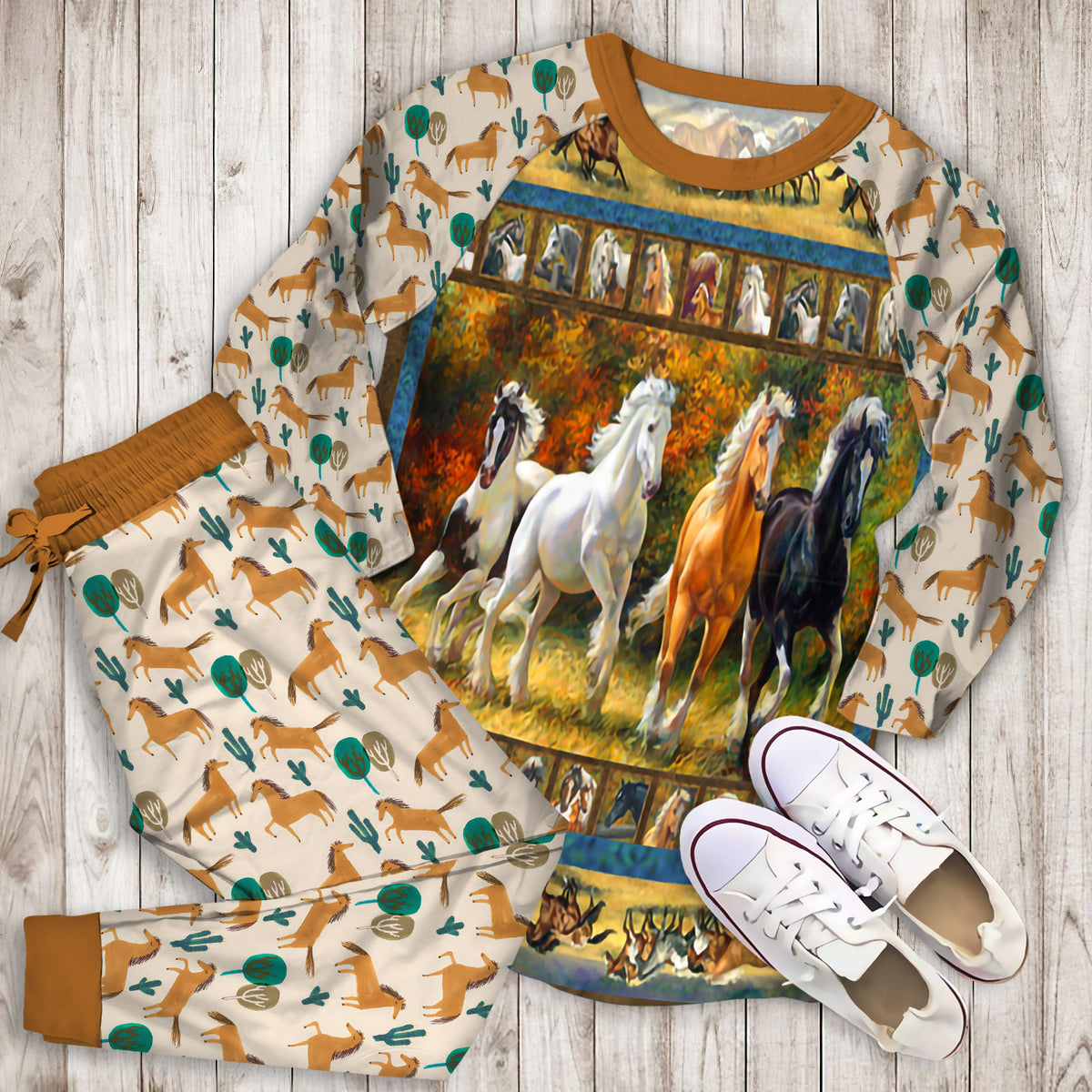 Beautiful Horse Rectangle Pajama Set | Pajamas | Cotton Sleepwear Sets | Soft Long Sleeve Pjs | Raglan Shirt and Pants Set