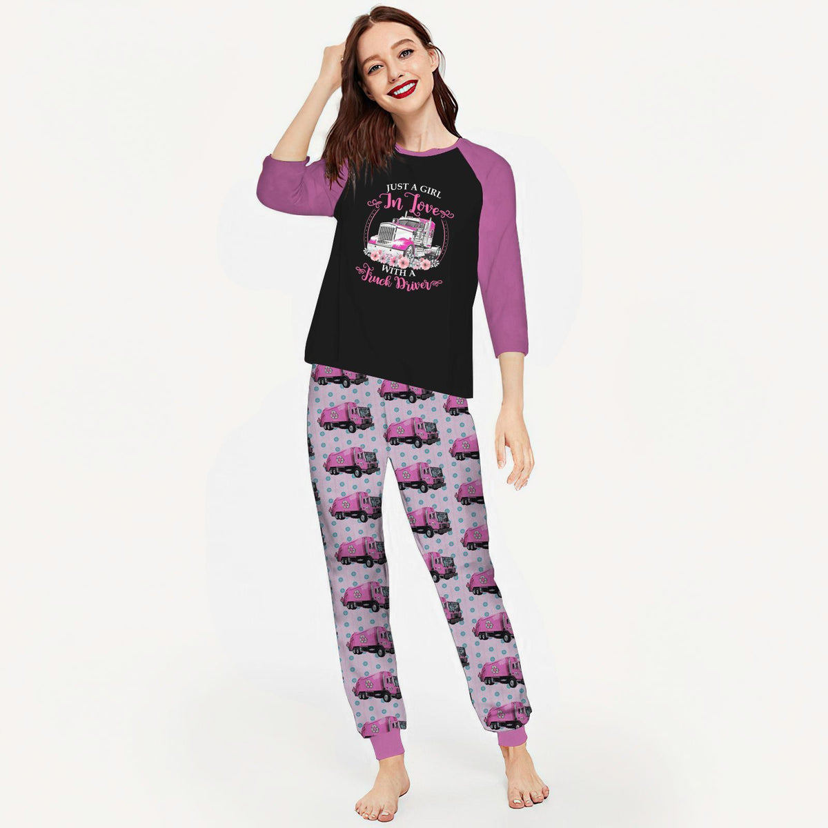 Trucker Just A Girl In Love With A Truck Driver Acd Pajama Set |Sleepwear Pjs Sets | Raglan Shirt Pants Set
