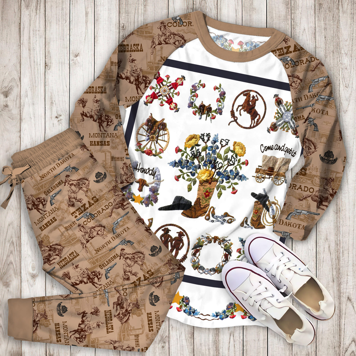 Cowboy Pajama Set | Pajamas | Cotton Sleepwear Sets | Soft Long Sleeve Pjs | Raglan Shirt and Pants Set