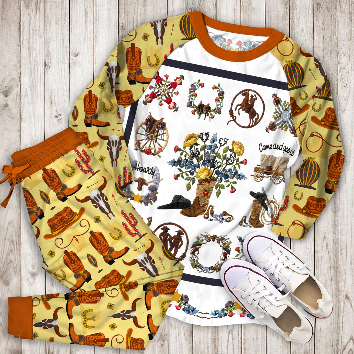 Cowboy Pajama Set | Pajamas | Cotton Sleepwear Sets | Soft Long Sleeve Pjs | Raglan Shirt and Pants Set