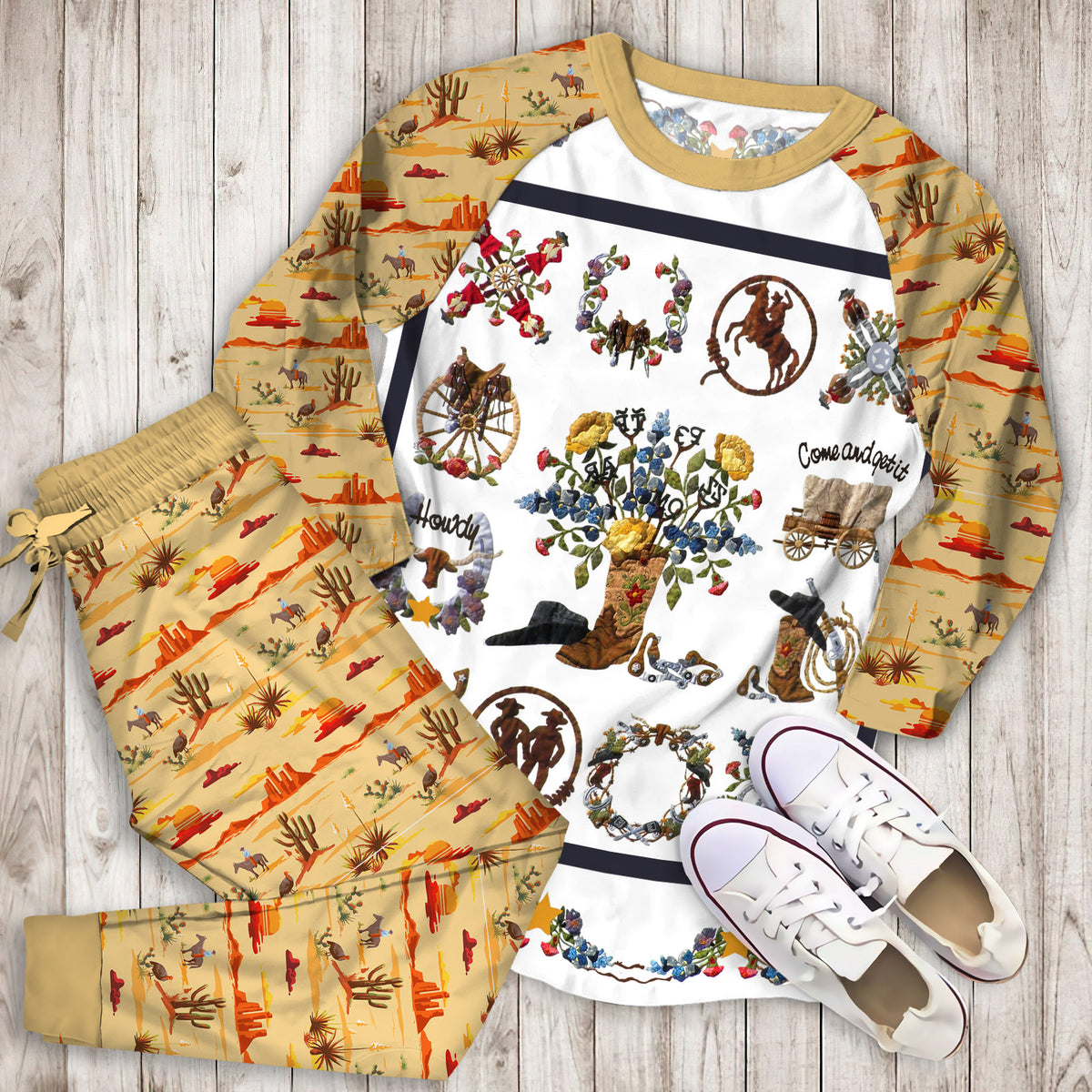 Cowboy Pajama Set | Pajamas | Cotton Sleepwear Sets | Soft Long Sleeve Pjs | Raglan Shirt and Pants Set