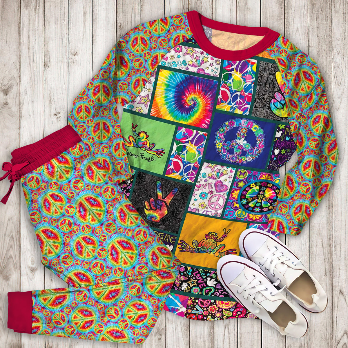Hippie Frog Peace Pajama Set |Sleepwear Pjs Sets | Raglan Shirt Pants Set