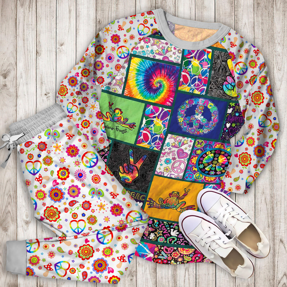 Hippie Frog Peace Pajama Set |Sleepwear Pjs Sets | Raglan Shirt Pants Set