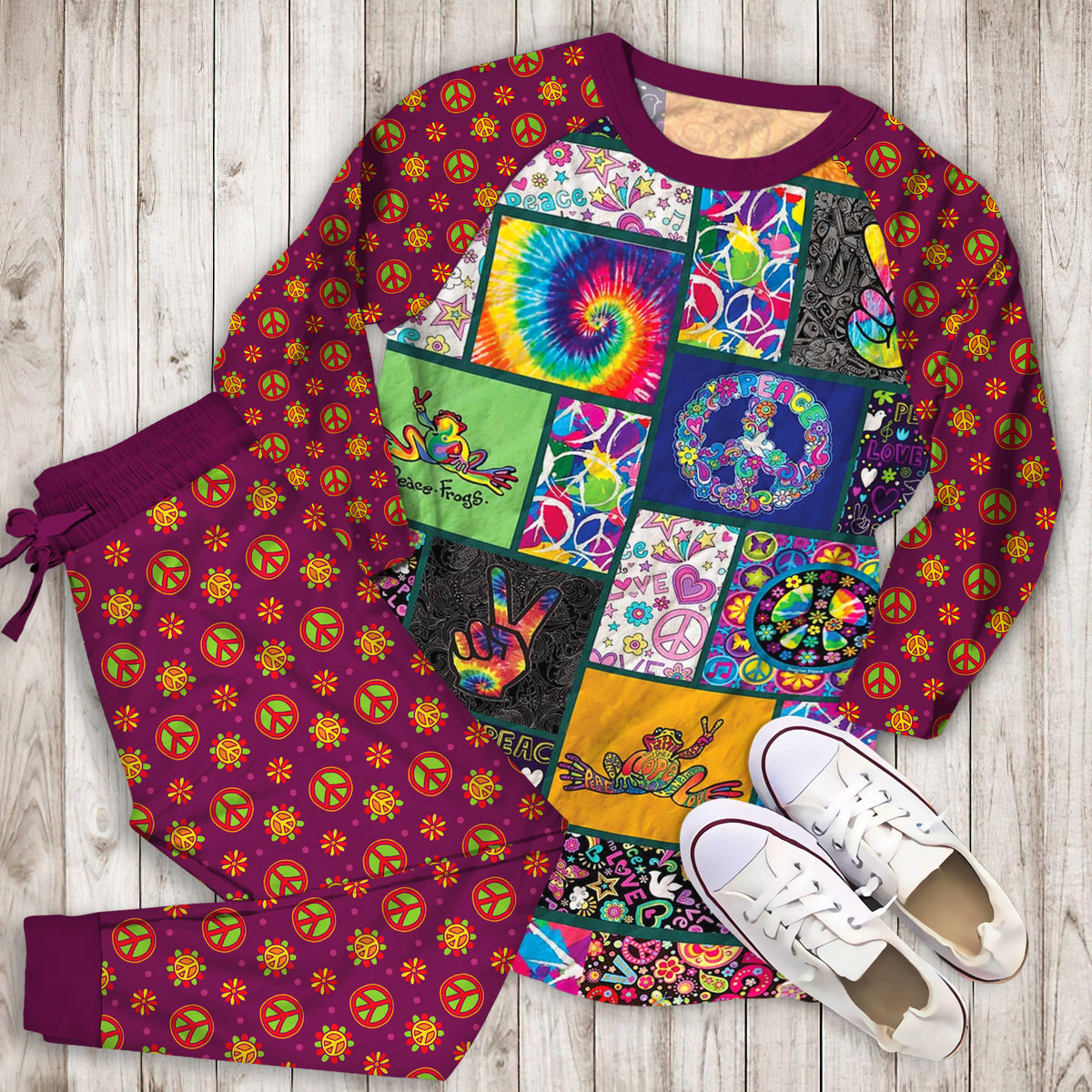 Hippie Frog Peace Pajama Set |Sleepwear Pjs Sets | Raglan Shirt Pants Set