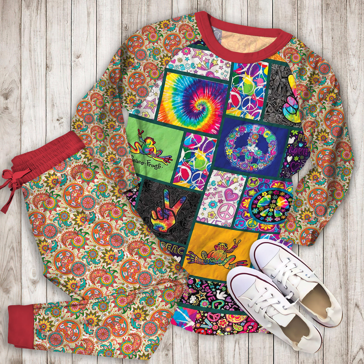 Hippie Frog Peace Pajama Set |Sleepwear Pjs Sets | Raglan Shirt Pants Set
