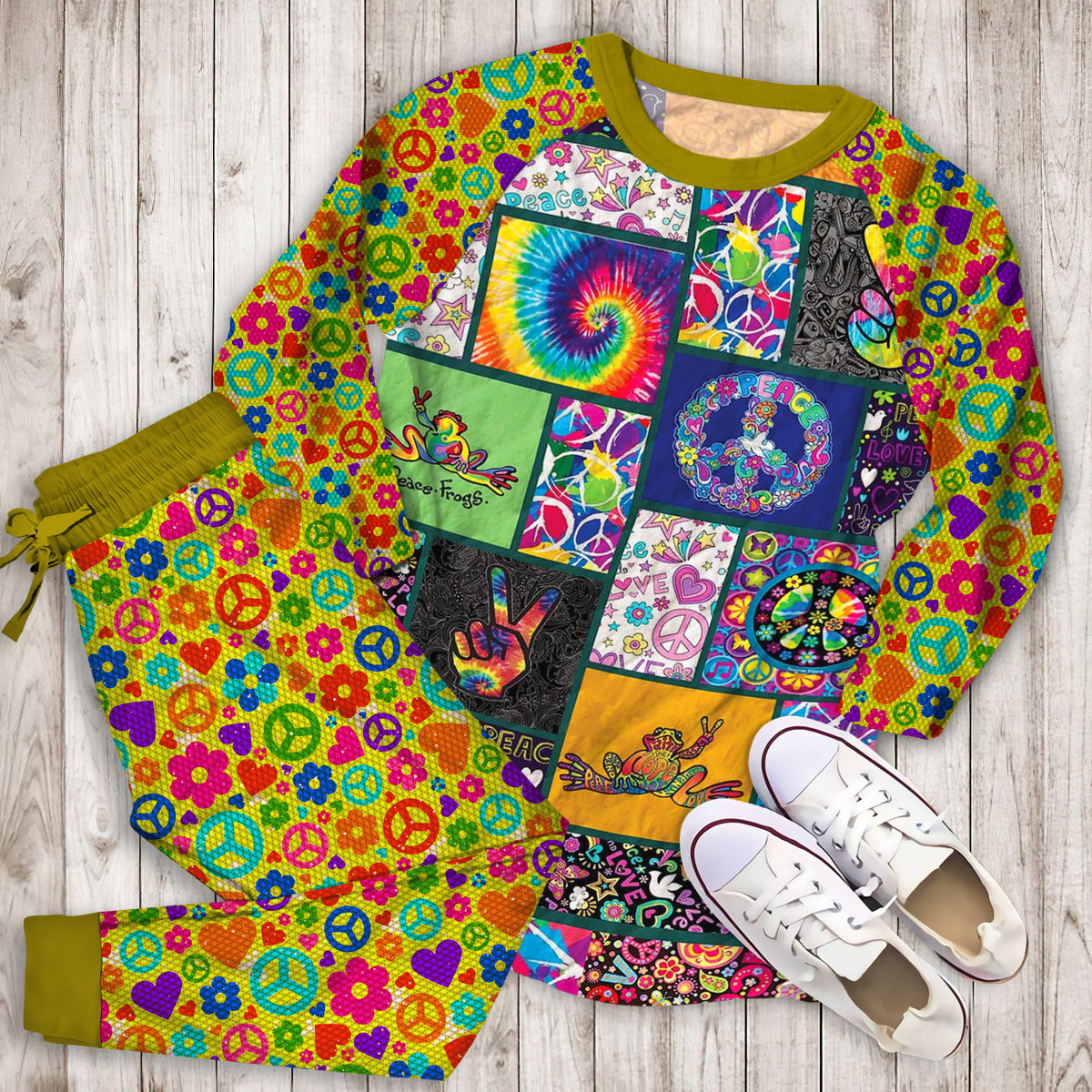 Hippie Frog Peace Pajama Set |Sleepwear Pjs Sets | Raglan Shirt Pants Set