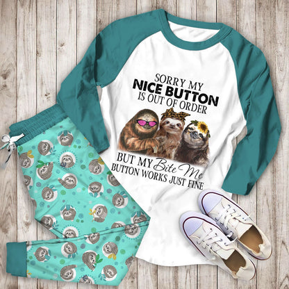 Sloth Sorry Not Sorry Abz Pajama Set |Sleepwear Pjs Sets | Raglan Shirt Pants Set