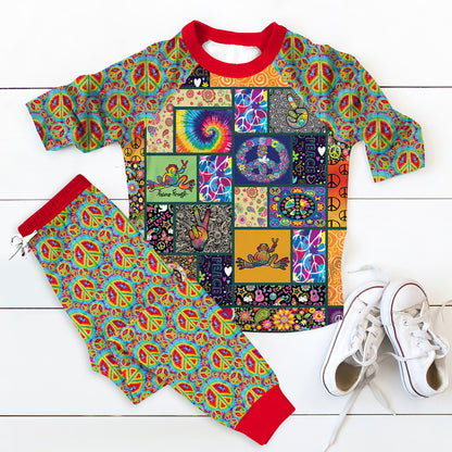 Hippie Frog Peace Pajama Set |Sleepwear Pjs Sets | Raglan Shirt Pants Set
