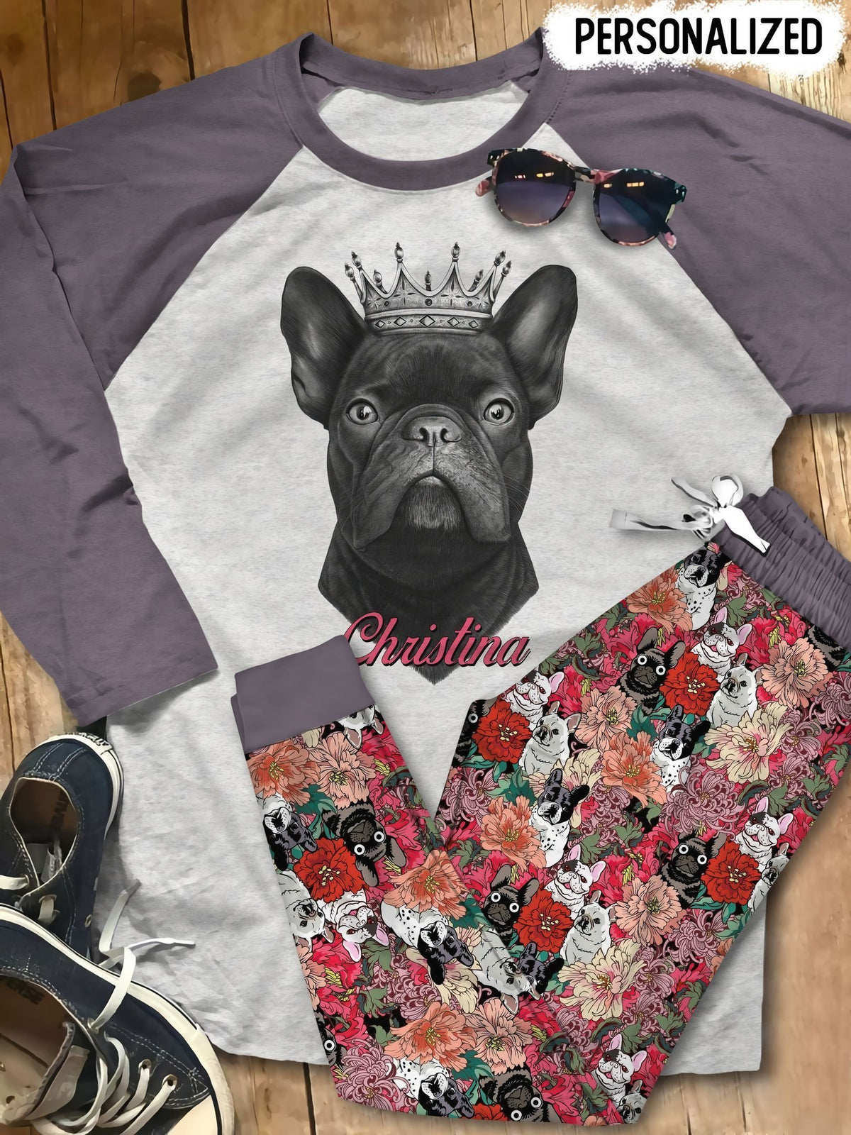French Bulldog May Baby King Personalized Name Pajama Set |Sleepwear Pjs Sets | Raglan Shirt Pants Set