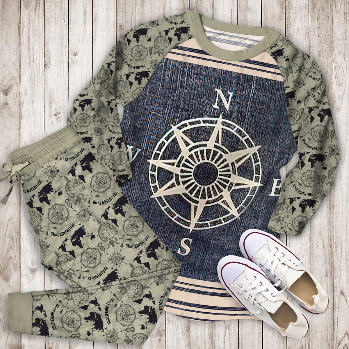 Compass Pajama Set | Pajamas | Cotton Sleepwear Sets | Soft Long Sleeve Pjs | Raglan Shirt and Pants Set