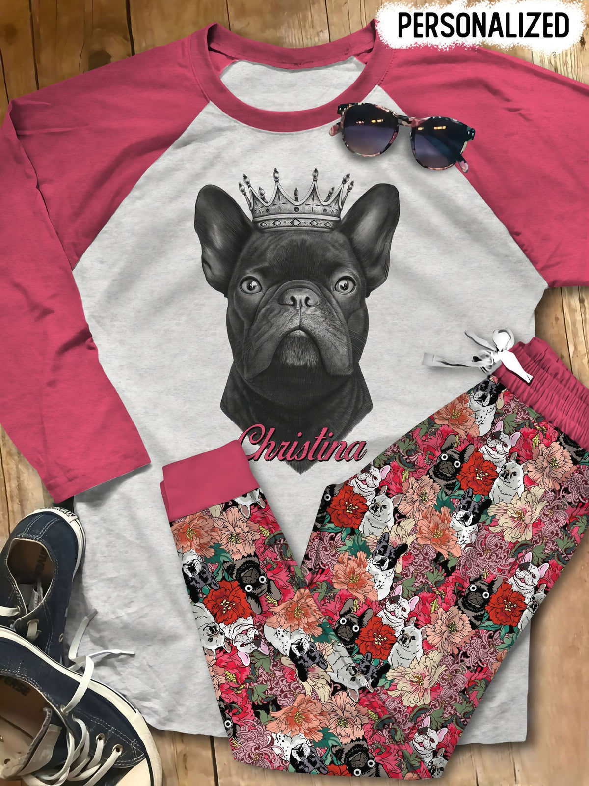 French Bulldog May Baby King Personalized Name Pajama Set |Sleepwear Pjs Sets | Raglan Shirt Pants Set