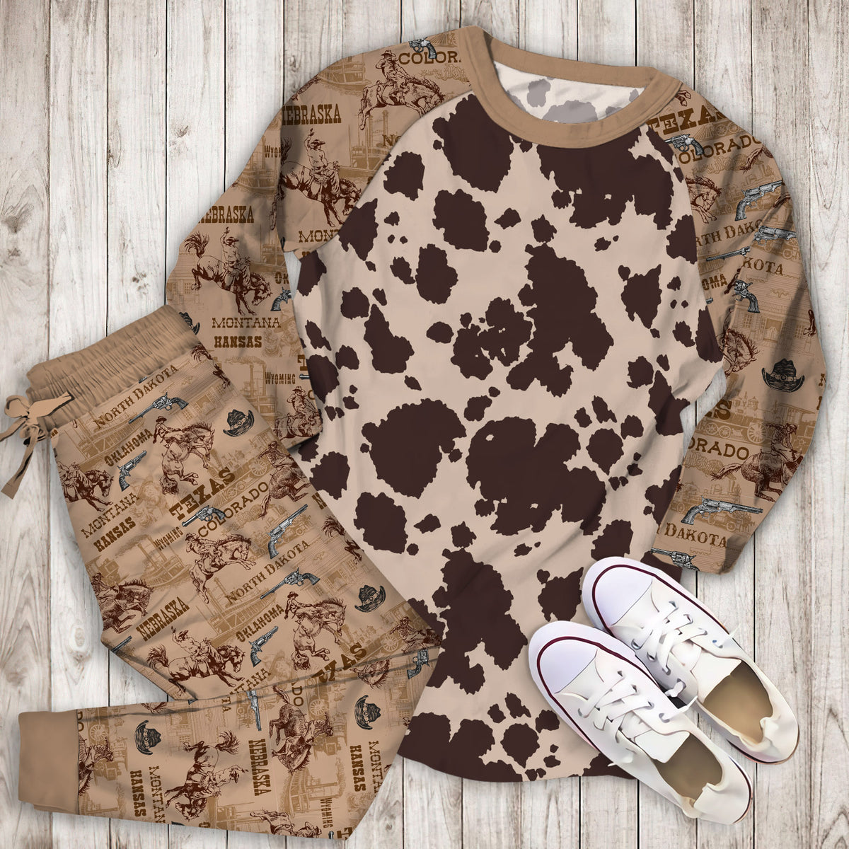 Cowhide Pajama Set | Pajamas | Cotton Sleepwear Sets | Soft Long Sleeve Pjs | Raglan Shirt and Pants Set