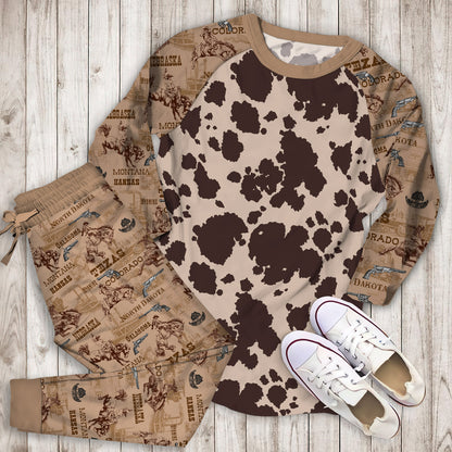 Cowhide Pajama Set | Pajamas | Cotton Sleepwear Sets | Soft Long Sleeve Pjs | Raglan Shirt and Pants Set