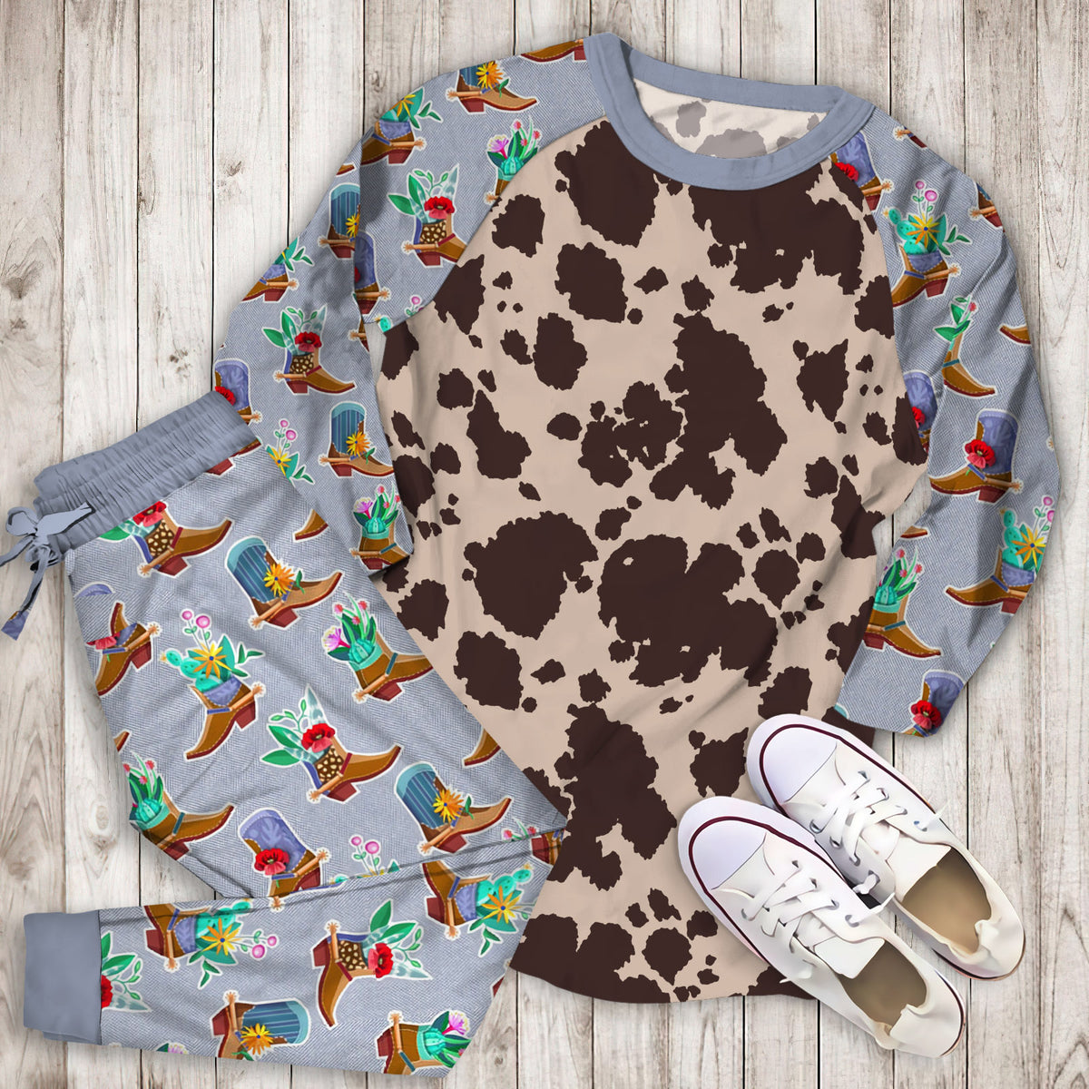 Cowhide Pajama Set | Pajamas | Cotton Sleepwear Sets | Soft Long Sleeve Pjs | Raglan Shirt and Pants Set
