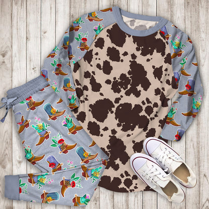 Cowhide Pajama Set | Pajamas | Cotton Sleepwear Sets | Soft Long Sleeve Pjs | Raglan Shirt and Pants Set