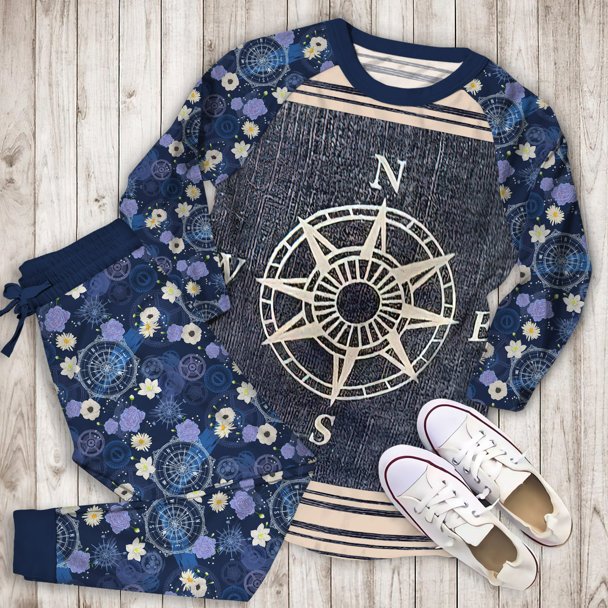 Compass Pajama Set | Pajamas | Cotton Sleepwear Sets | Soft Long Sleeve Pjs | Raglan Shirt and Pants Set