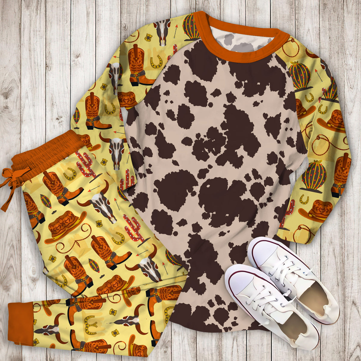 Cowhide Pajama Set | Pajamas | Cotton Sleepwear Sets | Soft Long Sleeve Pjs | Raglan Shirt and Pants Set