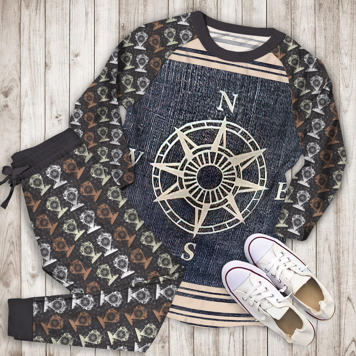 Compass Pajama Set | Pajamas | Cotton Sleepwear Sets | Soft Long Sleeve Pjs | Raglan Shirt and Pants Set