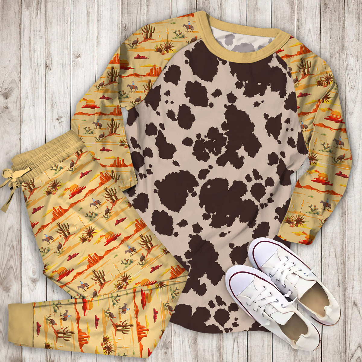 Cowhide Pajama Set | Pajamas | Cotton Sleepwear Sets | Soft Long Sleeve Pjs | Raglan Shirt and Pants Set
