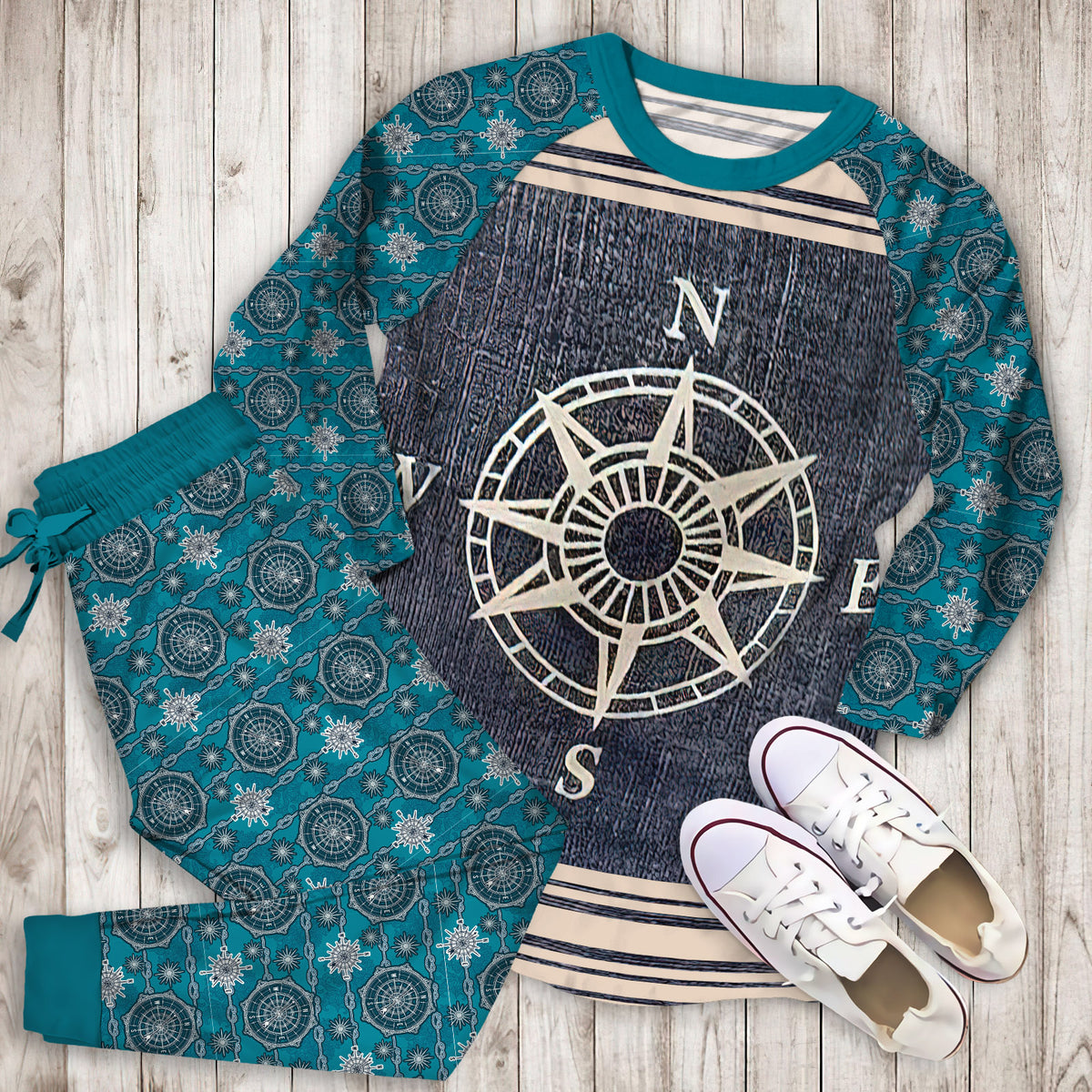 Compass Pajama Set | Pajamas | Cotton Sleepwear Sets | Soft Long Sleeve Pjs | Raglan Shirt and Pants Set