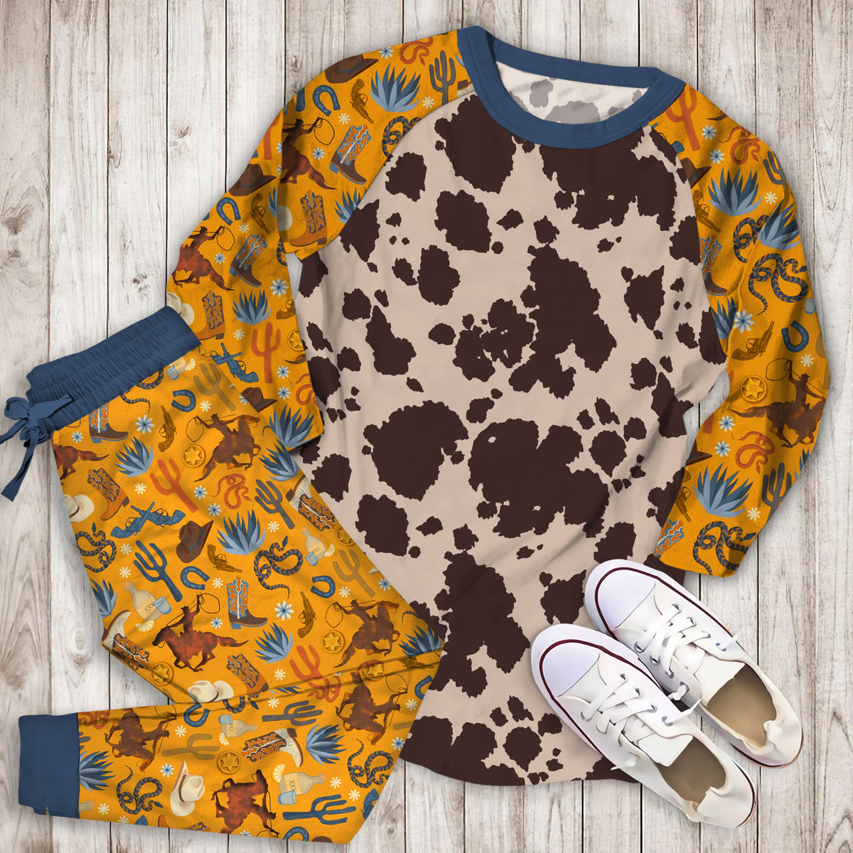 Cowhide Pajama Set | Pajamas | Cotton Sleepwear Sets | Soft Long Sleeve Pjs | Raglan Shirt and Pants Set