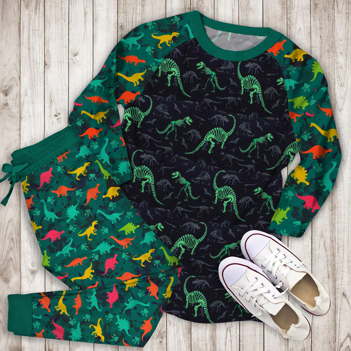 Dinosaur Bones Glow In The Dark Pajama Set |Sleepwear Pjs Sets | Raglan Shirt Pants Set